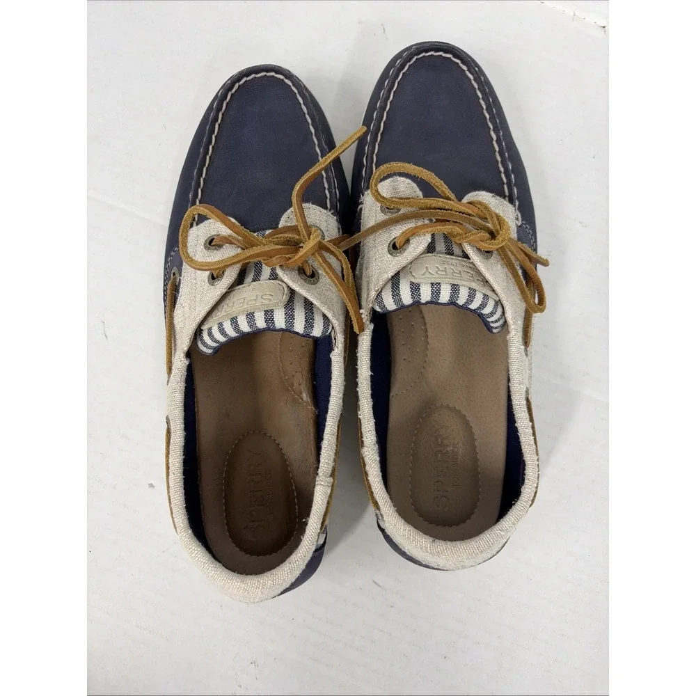 Sperry Top-Sider Women's 8M Boat Shoes Navy Cream Striped Leather Canvas T14
